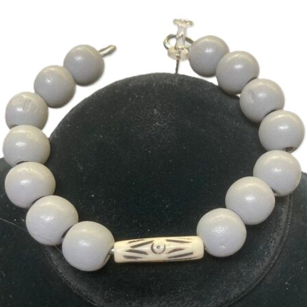 TRIBAL Ethnic Gray White Hand Crafted Black Slip On Bracelet UNISEX 8 inches